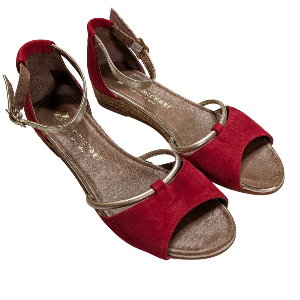 Eric Michael Women's 37 Red Suede Gold Ankle Strap Wedge Espadrille Sandals